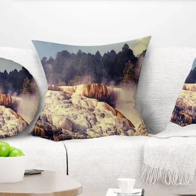 Design Art Mammoth Hot Springs View - Landscape Printed Pillow In White;green