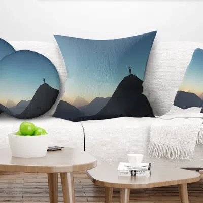 Design Art Man Looking From Mountain - Landscape Printed Pillow In Blue;black;brown;green;red;yellow