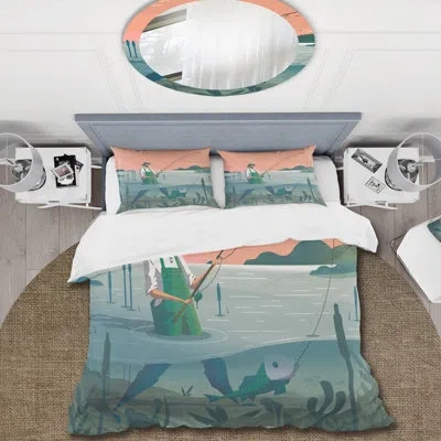 Design Art Man Standing In Pond Fishing - Nautical & Coastal Duvet Cover Set - Microfiber Polyester In Blue;coral