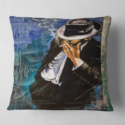 Design Art Man With Cigarette - People Printed Throw Pillow In Blue;black