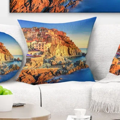 Design Art Manarola Village View At Sunset - Sea & Shore Printed Pillow In Blue;red