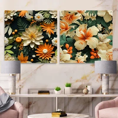 Design Art Mango Bloom Tropical Pattern I - Coastal Tropical Acrylic Wall Art Glass Set Of 2
