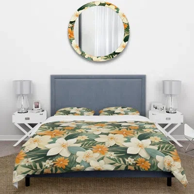 Design Art Mango Bloom Tropical Pattern Ii Duvet Cover Set In Green;orange