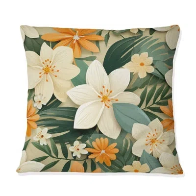 Design Art Mango Bloom Tropical Pattern Ii - Floral Polyester Throw Pillow In White;green;orange