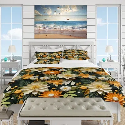 Design Art Mango Bloom Tropical Pattern Iii - Tropical Duvet Cover Set - Microfiber Polyester In Green;orange