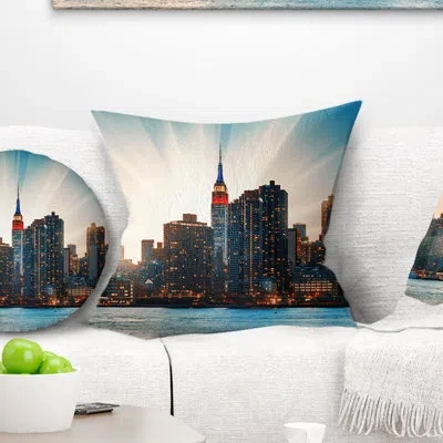 Design Art Manhattan Skyline At Bright Sunset - Cityscape Printed Pillow In Blue