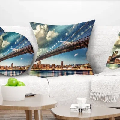 Design Art Manhattan Skyline At Summer - Cityscape Printed Pillow In Blue