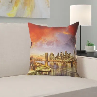 Design Art Manhattan Skyline At Winter - Cityscape Printed Pillow In Blue