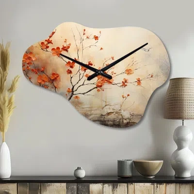 Design Art Maple Trees Glowing Embers I - Maple Cloud Metal Wall Clock, Peach Asymmetrical Clock Print In Beige;pink