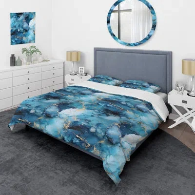Design Art Marble Duvet Cover Set - Coastal Blue Elegant Marble Shore I In Blue;gold
