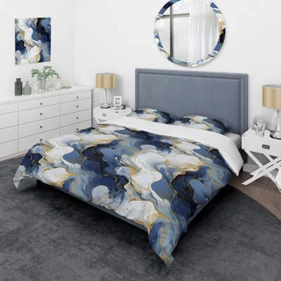 Design Art Marble Duvet Cover Set, Gold Blue Marble Pattern Bedding - Celestial Gold And Blue Marble Pattern Ii In Blue;gold