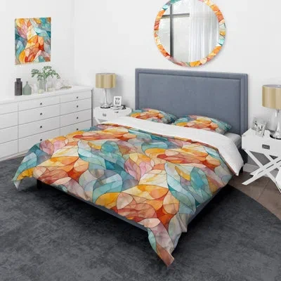 Design Art Marble Duvet Cover Set - Watercolor Delight Marble Pattern In Blue;orange