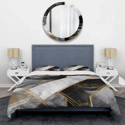 Design Art Marble Granite Agate With Touches Of Gold Iv - Abstract Geometric Duvet Cover Set In Gray;gold