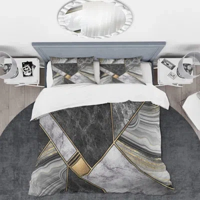 Design Art Marble Granite Agate With Touches Of Gold - Modern Duvet Cover Set - Microfiber Polyester In Gray