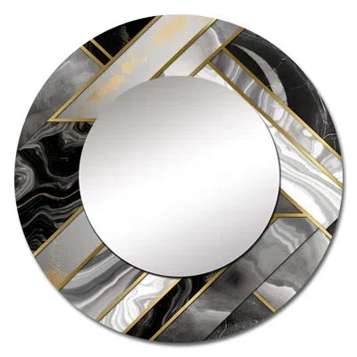 Design Art Marble Granite Agate With Touches Of Gold Xviii - Geometric Mirror, Gray Round Decorative Wall Mirro In Gold;gray
