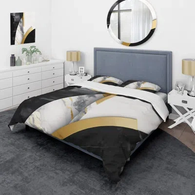 Design Art Marble Painting Shapes - Abstract Marble Duvet Cover Set - Microfiber Polyester In Black;gold