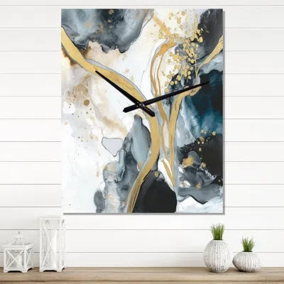 Design Art Marble Painting Textured V - Abstract Marble Wall Clock In Black;white;gold