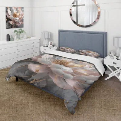Design Art Marble Pink Gold Peony Flower Iii - Abstract Marble Duvet Cover Set - Microfiber Polyester In Pink;gold