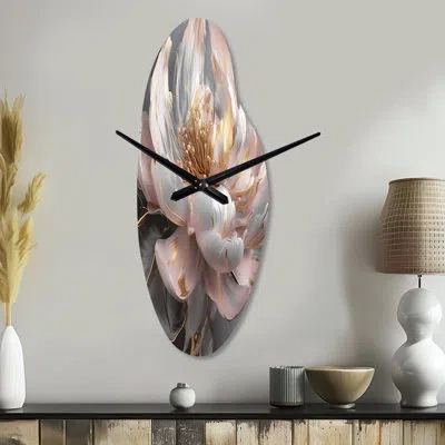 Design Art Marble Pink Gold Peony Flower Iii - Marble Asymmetrical Metal Wall Clock, Pink Curved Wall Clock Pri In Pink;gold