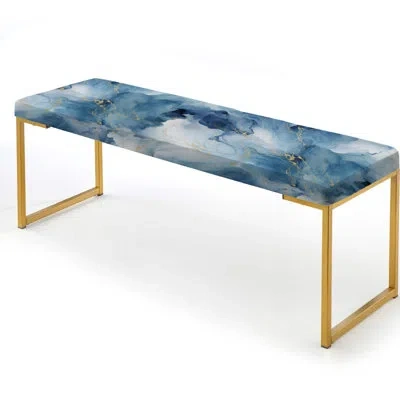 Design Art Marble Upholstered Gold Bench In Blue Ethereal Elegance Marble Pattern