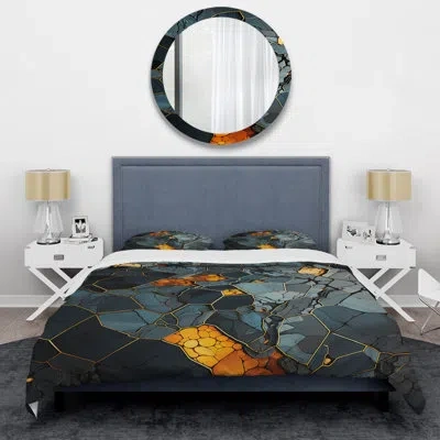Design Art Marble Yellow And Black Elegance Ii - Abstract Geometric Duvet Cover Set In Gray;yellow