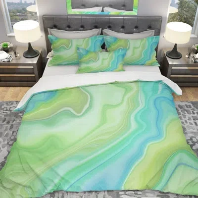 Design Art Marbled Colors In Shades Of Green And Blue - Modern Abstract Duvet Cover Set - Microfiber Polyester In Blue;green