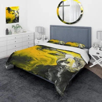 Design Art Marbled With Black White And Yellow - Modern Duvet Cover Set - Microfiber Polyester In Yellow,black