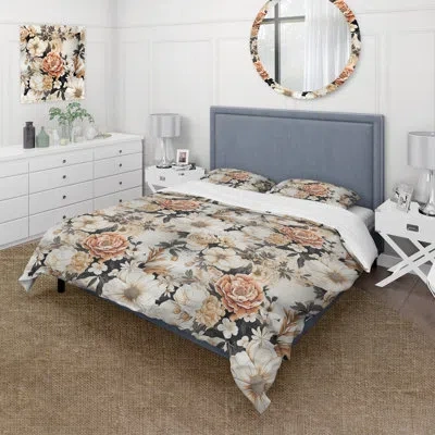 Design Art Marigold Euphoria Blooms Bouquet - Floral Duvet Cover Set In Gray;beige;coral