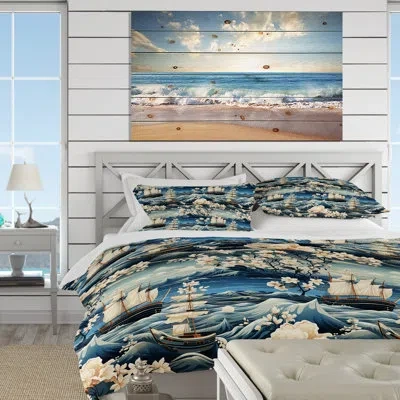 Design Art Maritime Coastal Boot Damask Voyage - Coastal Duvet Cover Set In Blue;beige