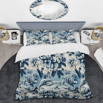 Design Art Maritime Damask Voyage Floristry I - Damask Duvet Cover Set In Blue;beige