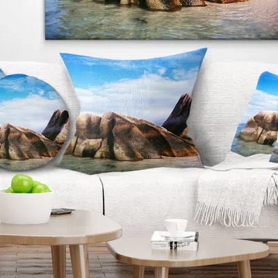 Design Art Massive Rocks In Seychelles Beach - Sea & Shore Printed Pillow In Blue;black;brown;green;red;yellow