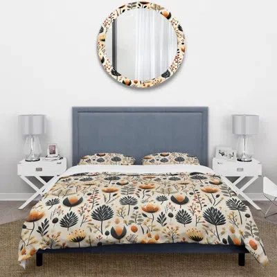 Design Art Meadow Beige And Black Floral Pattern - Floral Duvet Cover Set In Black;orange