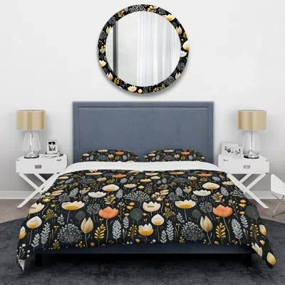 Design Art Meadow Yellow And Black Floral Pattern I - Floral Duvet Cover Set In White;yellow