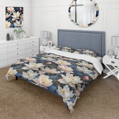 Design Art Meagyn Lotus Blossom Tranquility I - Chinese Duvet Cover Set - Microfiber Polyester In White;green