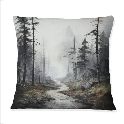 Design Art Meandering Road Through Forest - Road Printed Throw Pillow In Gray