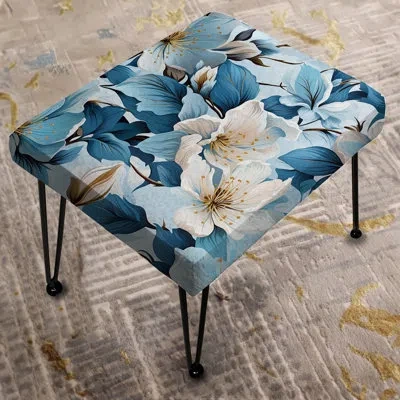 Design Art Mediterranean Dreams Blue Floral Pattern - Floral Rectangle Ottoman In Blue;white