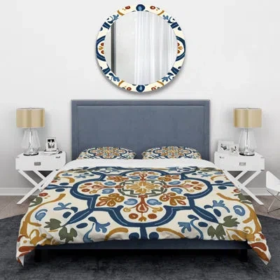 Design Art Mediterranean Tiles In Retro Blue Iv - Abstract Tile Duvet Cover Set - Microfiber Polyester In Blue;beige