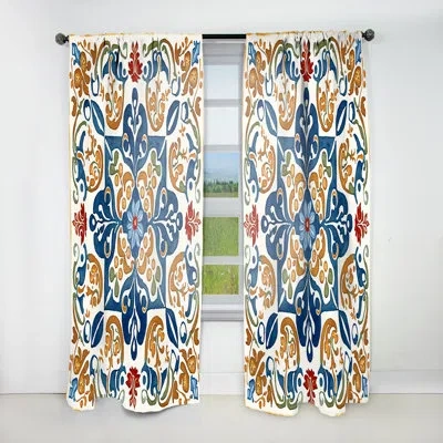 Design Art Mediterranean Tiles In Retro Blue Vii - Abstract Velvet Curtain - 1 Panel In Blue;beige