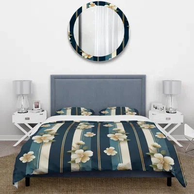 Design Art Melaney Classic Elegant Floral Striped Serenity - Striped Duvet Cover Set - Microfiber Polyester In Blue;beige
