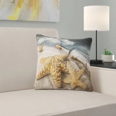 Design Art Message Bottle Buried In Sand - Sea & Shore Printed Pillow In Gold