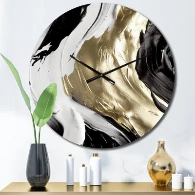Design Art Metal Wall Clock - Exquisite Darling Gold Abstract Wave On Black Iv In Black;white;gold