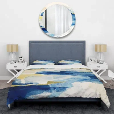 Design Art Metallic Gold Indigo Ii - Modern Glam Duvet Cover Set - Microfiber Polyester In Blue