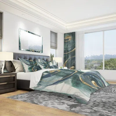 Design Art Metallic Indigo And Gold Ii - Posh & Luxe Duvet Cover Set - Microfiber Polyester In Green