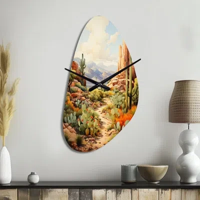 Design Art Mexico Cactus Oasis Impasto I - Mexico Irregular Shape Metal Wall Clock, Coral Asymmetrical Wall Clo In Orange