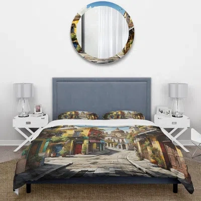 Design Art Mexico Mexican Fiesta City Ii - Landscapes Duvet Cover Set - Microfiber Polyester In Green;yellow
