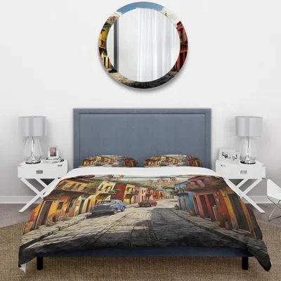 Design Art Mexico Mexican Fiesta City Iii - Landscapes Duvet Cover Set - Microfiber Polyester In Blue;yellow