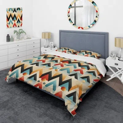 Design Art Mid Century Geometric Blue And Beige Pattern - Geometric Duvet Cover Set In Blue;black