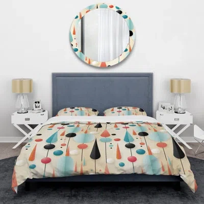Design Art Mid Century Geometric Blue And Beige Pattern Ii - Geometric Duvet Cover Set In Blue;pink;orange