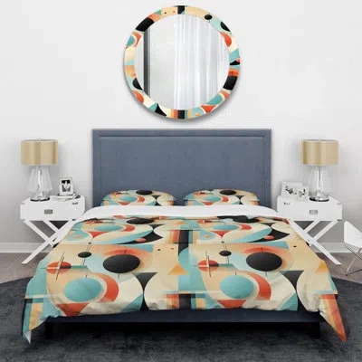 Design Art Mid Century Geometric Blue And Beige Pattern Iii Duvet Cover Set In Peach;turquoise