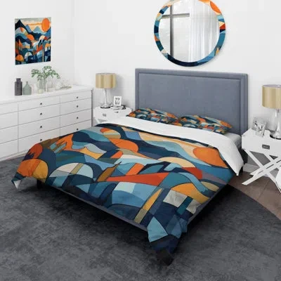 Design Art Mid Century Perspectives Ii - Abstract Midcentury Duvet Cover Set - Microfiber Polyester In Blue;orange